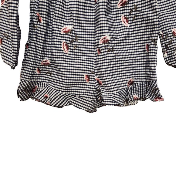 The Edit by Seventeen Navy White Gingham Floral Embroidered Romper Size Medium - Picture 4 of 9
